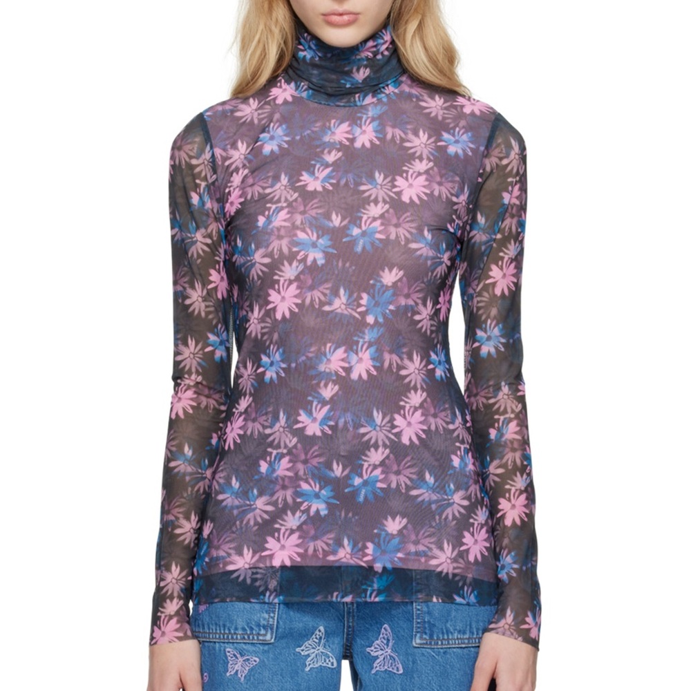 Ganni Floral Mesh Long Sleeve Top - Pink and Blue